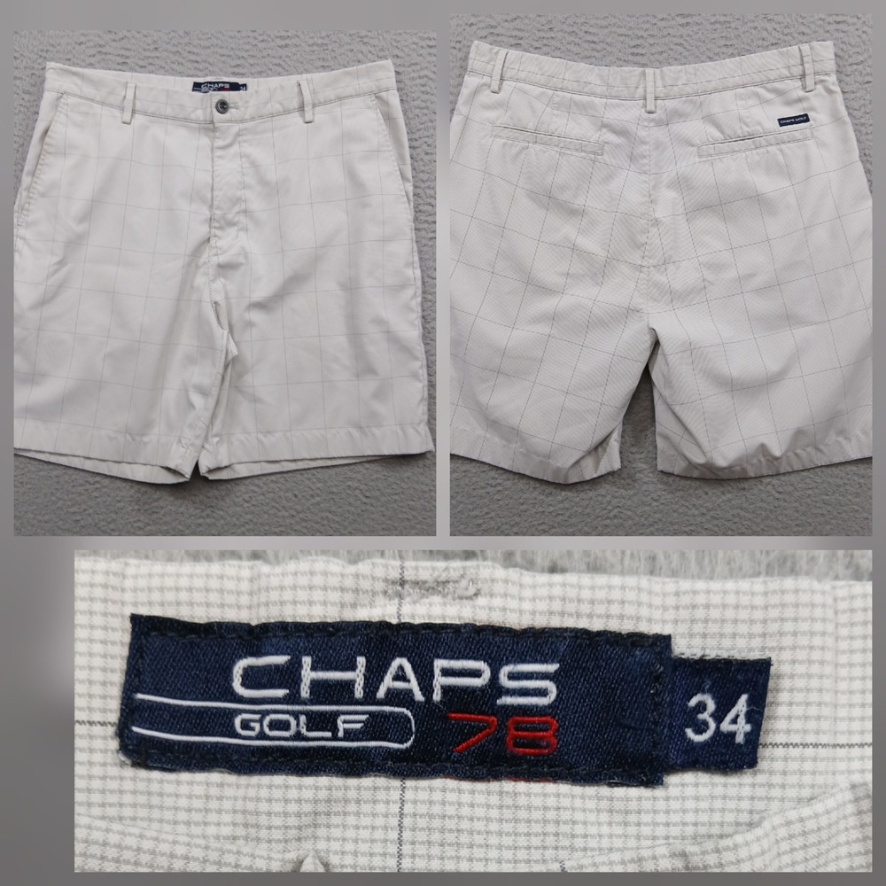 Chaps Golf 78‎ Men's Performance Shorts 34 Grey Plaid Flat Front Stretch EUC